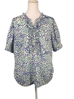 Talbots Floral Ruffle Neck Blue and White Top Size L P Boho chic